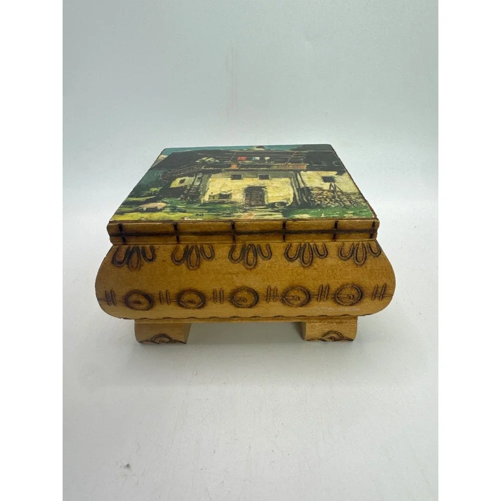 Vintage Innsbruck Austrian Alpine Wood Trinket‎ Box Hand Painted Cottage Scene